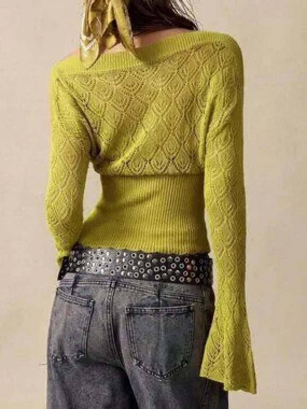 Olive Green Casual Women's Boat Neck Drop Shoulder Flare Sleeve Knit Sweater
